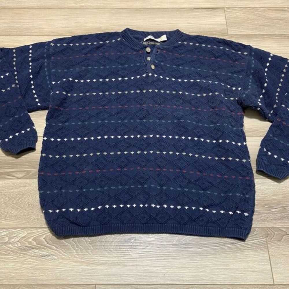 Vintage JG Brown L Multicolor Brown Cotton Stripe Henley Sweater Made in USA‎